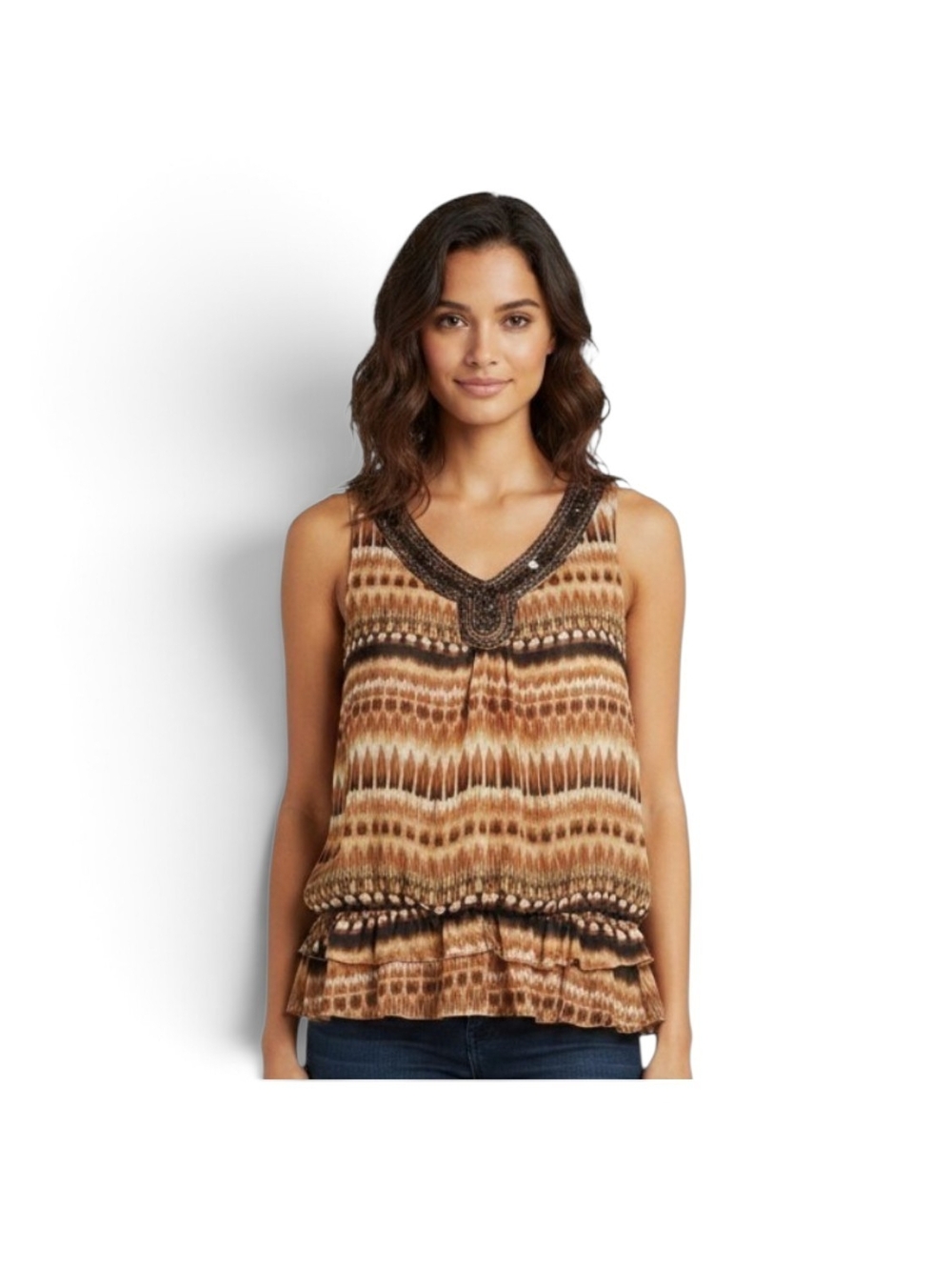 Sleeveless Brown Patterned V-Neck Women's Top